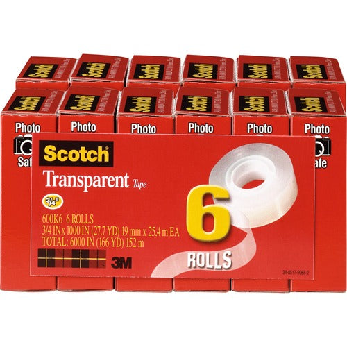 3M  Transparent Tape, Refill, 1" Core, 3/4"x1000", 12 Rolls/BD
