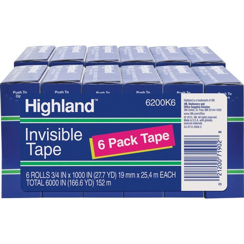 3M  Invisible Tape, 1" Core, 3/4"x1000", 12 Rolls/BD, Clear