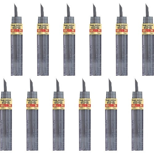 Pentel  Hi-Polymer Lead, 0.5 mm, Fine, H, 12/Tube, 12/BX, Black