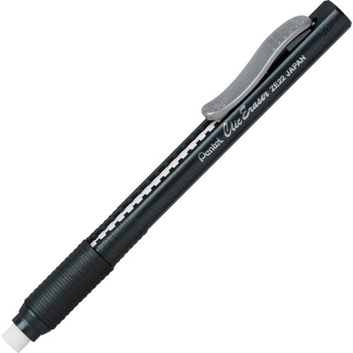 Pentel  Clic Erasers, Retractable, Pocket Clip, 12/BX, Black Barrel