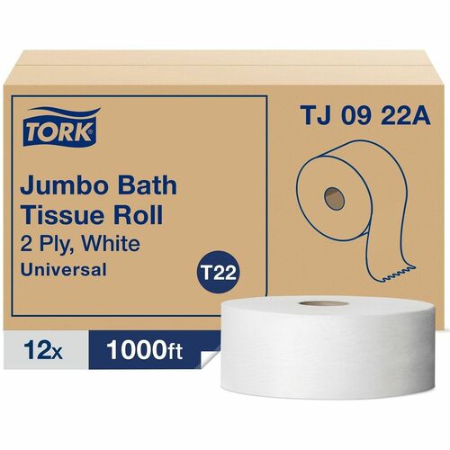 TORK  Bath Tissue, Jumbo, 2-Ply, 8" Dia, 3.48"x1000', 12/CT, White