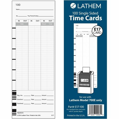 Lathem  Time Cards, f/Lathem 700E, 1-sided, 100/PK, Black Ink/White