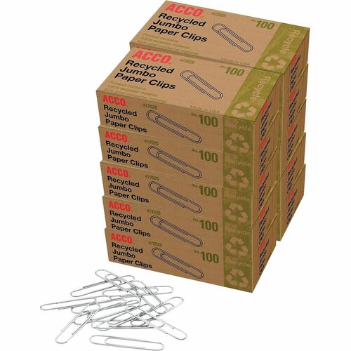 ACCO  Paper Clips,Recycled,No 4,1-13/23"Size,Jmbo,100/BX,10/PK,SR