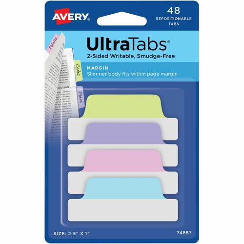 Avery  Tabs,Repositionable,2-Sided,2-1/2"x1",48/PK,AST Pastel