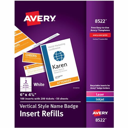 Avery  Insert Refills, f/Vertical Name Badges, 4-1/4"x6", 100/BX