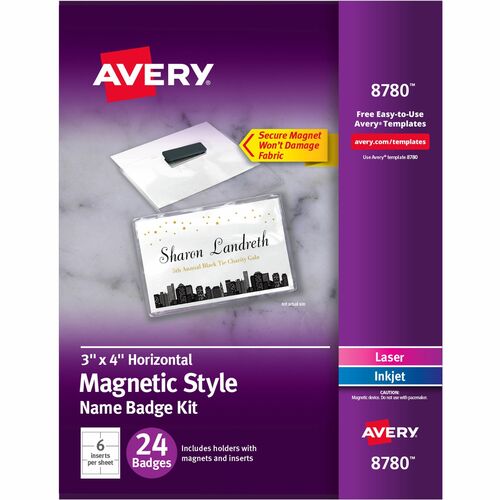 Avery  Name Badge Kit w/Magnets, Laser/Inkjet, 3"x4", White