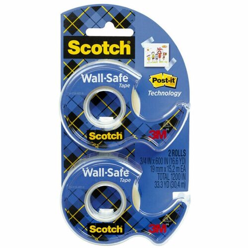 3M  Tape Roll w/Dispenser, Wall-safe, 3/4"x800", 2 RLS/PK, CL