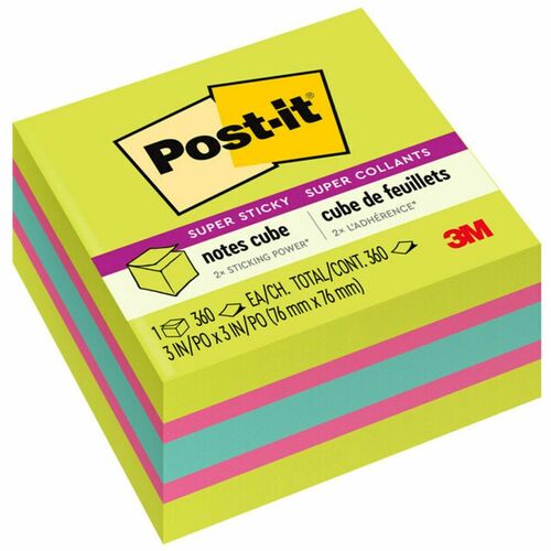 3M  Post-it Note Cube, Super Sticky, 3"x3", 360/Cube, Green Wave