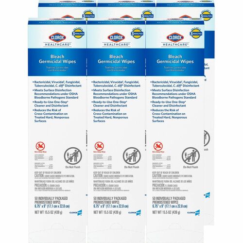 Clorox Company  Germicidal Wipes,w/Bleach, 50 Wipes/PK, 6/CT, White