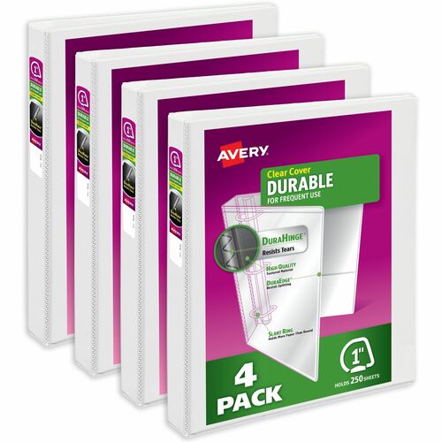 Avery  View Binder, DuraHinge, Slant Ring, 1", Letter, 4/CT, WE