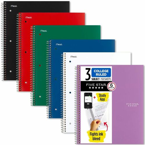 Mead  Notebook, 3-Subject, 8-1/2"Wx11"L, 6/PK, Assorted