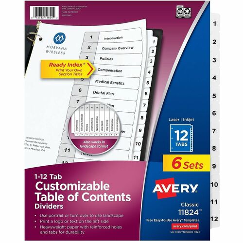 Avery  Dividers,Table of Contents,12-Tab,Letter,6ST/PK,BK/WE