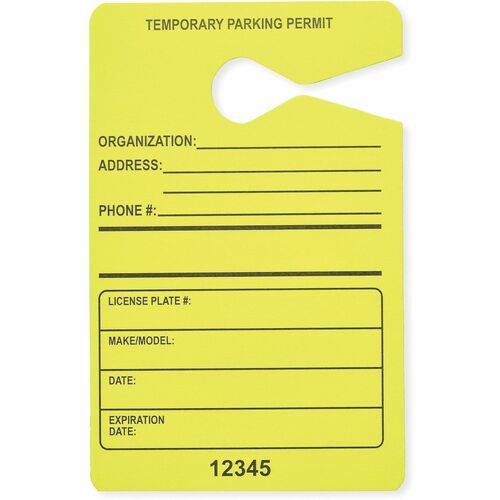 Tatco  Parking Permit, Temporary, 3-1/2"Wx5-1/2"H, 50/PK, FLYW