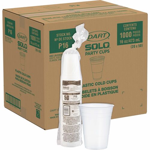 Solo Cup Company  Party Cups, Plastic, 16oz., 50/BG, 20/CT, Translucent