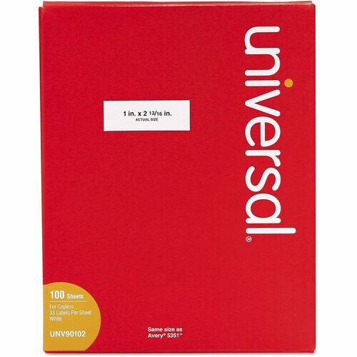 Universal  Copier Mailing Labels, Copiers, 1 x 2.81, White, 33/Sheet, 100 Sheets/Box
