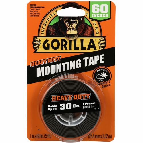 The Gorilla Glue Company  Mounting Tape, Double-Sided, 30 lb Cap, 1"Wx5'L, Black-GOR6055002