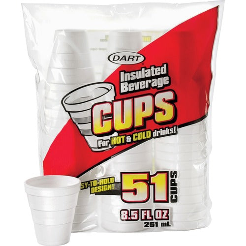 Dart Container Corp  Cups, Hot/Cold, Foam, 8.5oz., 51/PK, 1224 Cups/CT, White
