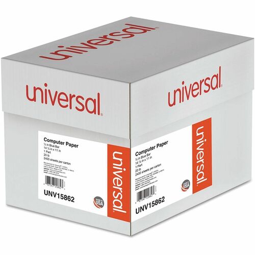 Universal  Printout Paper, 1-Part, 20 lb Bond Weight, 14.88 x 11, White/Blue Bar, 2,400/Carton
