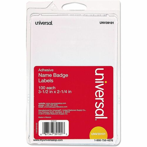 Universal  Plain Self-Adhesive Name Badges, 3 1/2 x 2 1/4, White, 100/Pack
