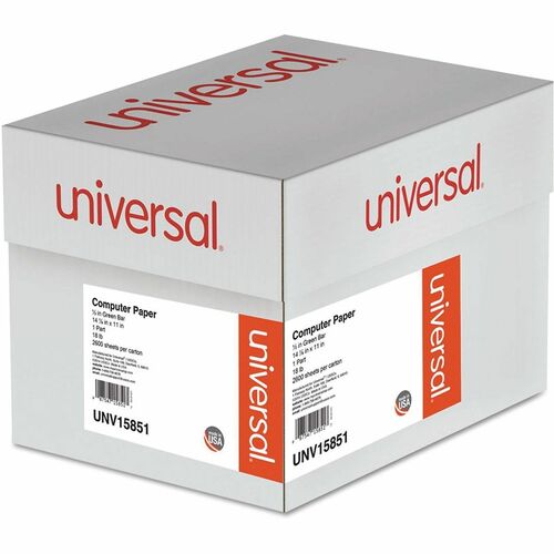 Universal  Printout Paper, 1-Part, 18 lb Bond Weight, 14.88 x 11, White/Green Bar, 2,600/Carton