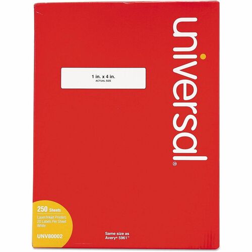 Universal  White Labels, Inkjet/Laser Printers, 1 x 4, White, 20/Sheet, 250 Sheets/Box