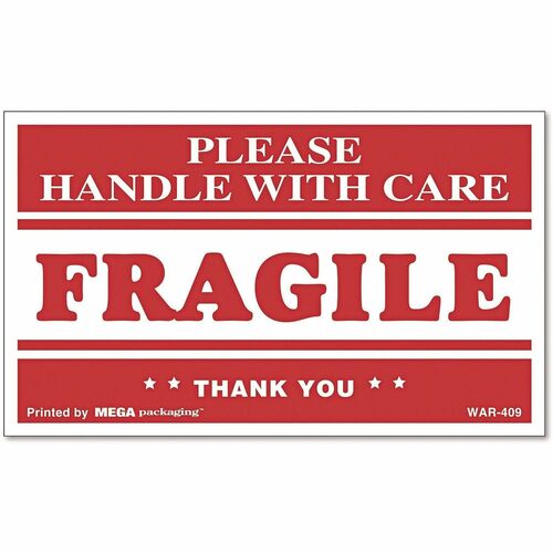 Universal  Printed Message Self-Adhesive Shipping Labels, FRAGILE Handle with Care, 3 x 5, Red/Clear, 500/Roll