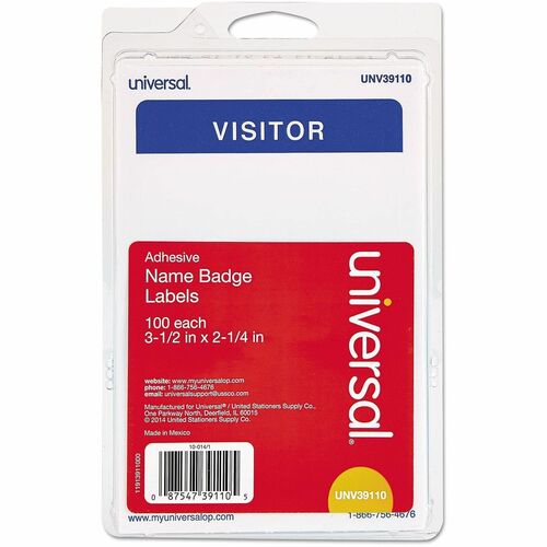 Universal  Visitor Self-Adhesive Name Badges, 3.5 x 2.25, White/Blue, 100/Pack