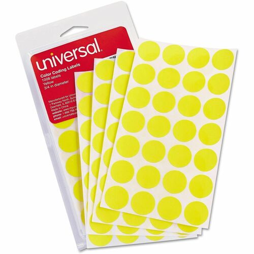 Universal  Self-Adhesive Removable Color-Coding Labels, 0.75" dia, Yellow, 28/Sheet, 36 Sheets/Pack