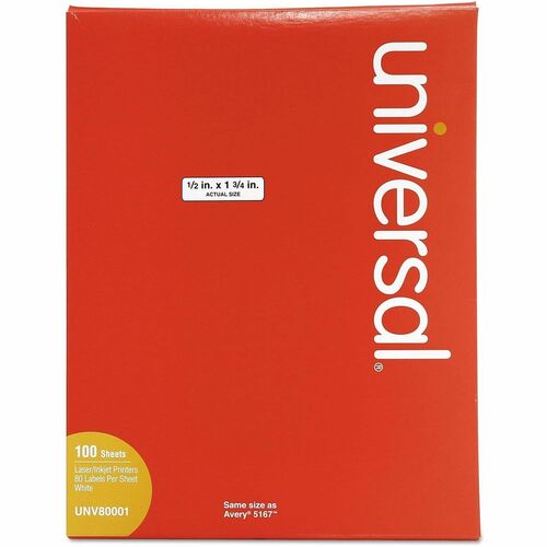 Universal  White Labels, Inkjet/Laser Printers, 0.5 x 1.75, White, 80/Sheet, 100 Sheets/Box