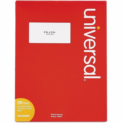 Universal  White Labels, Inkjet/Laser Printers, 2 x 4, White, 10/Sheet, 250 Sheets/Box
