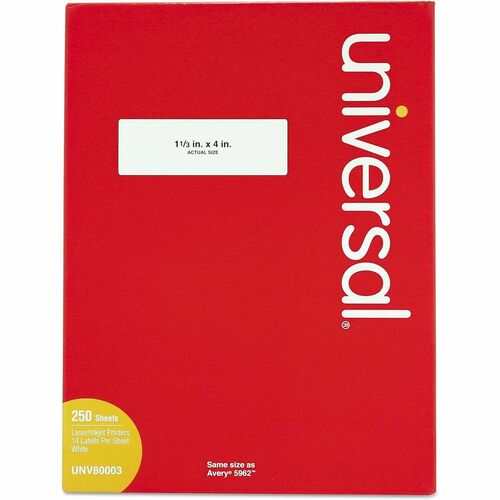 Universal  White Labels, Inkjet/Laser Printers, 1.33 x 4, White, 14/Sheet, 250 Sheets/Box
