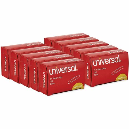 Universal  Paper Clips, #1, Smooth, Silver, 100 Clips/Box, 10 Boxes/Pack, 12 Packs/Carton