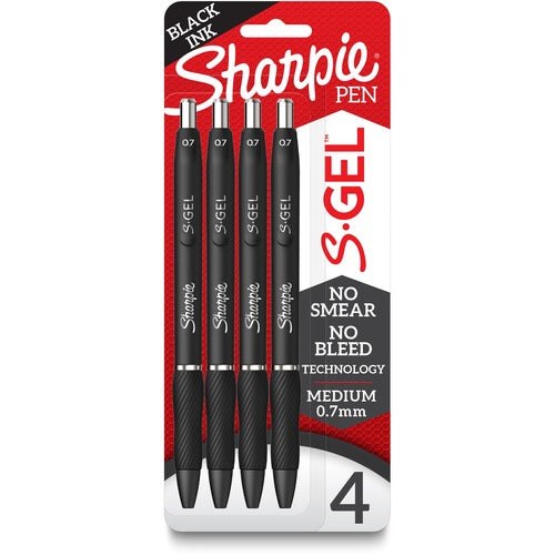 Newell Brands  Sharpie Pen, Gel, 0.7mm, 4/PK, Black Ink/Black Barrel