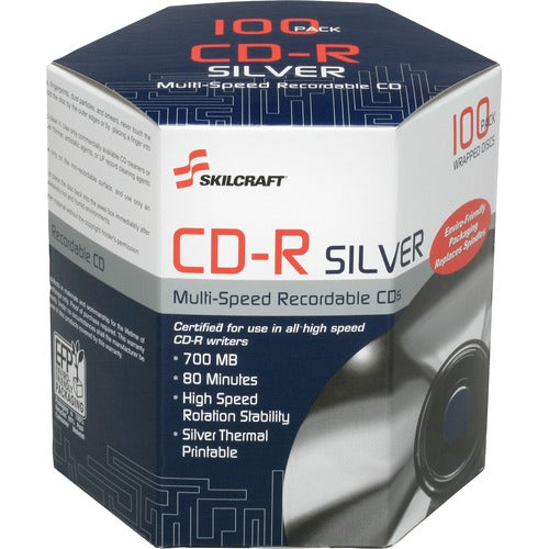 SKILCRAFT  Thermal Printable CD-R, 700MP Cap, 80min, 100/PK, SR