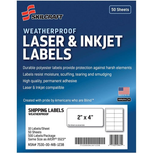 SKILCRAFT  Labels, Weatherproof, Laser/Inkjet, 2"x4", 500/PK, White