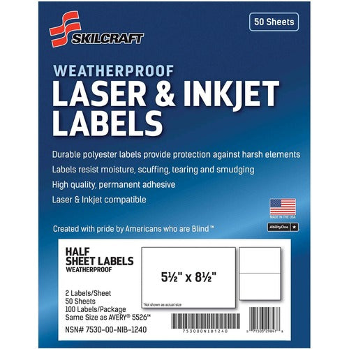 SKILCRAFT  Labels,Weatherproof,Laser/Inkjet,5-1/2"x8-1/2",100/PK,WE