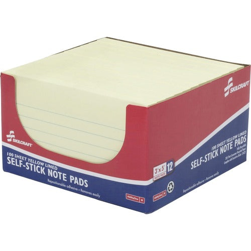 SKILCRAFT  Self-Stick Note Pads, Ruled, 100Sht/Pad, 3"x5", 1 DZ, YW