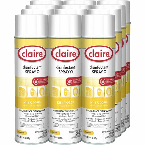 Claire Manufacturing Co  Disinfectant Spray, Lemon, 17 oz, 12/CT, Multi