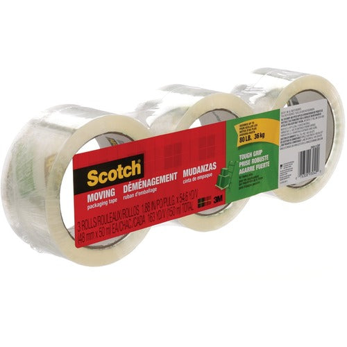 3M  Tough Grip Moving Packaging Tape, 3" Core, 1.88" x 38.2 yds, Clear, 3/Pack