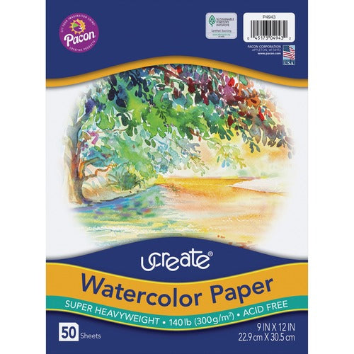 Pacon  Watercolor Paper, Super Hvywght, 140 lb, 50/PK, 9"x12", WE