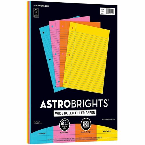Wausau Papers  Filler Paper,Wide-Ruled,8"x10-1/2",20 lb,4 Colors,100/PK,AST