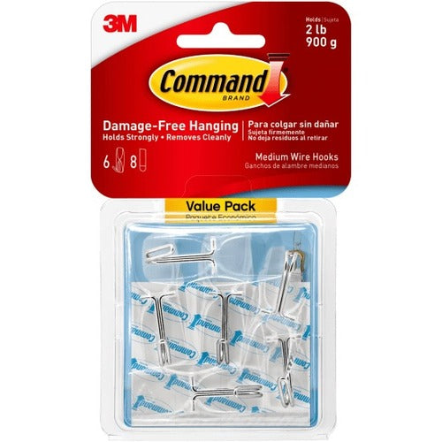 3M  Clear Hooks and Strips, Medium, Plastic, 2 lb Capacity, 6 Hooks and 8 Strips/Pack