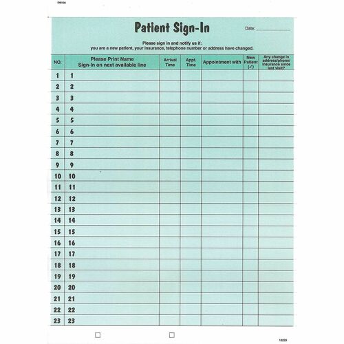 Tabbies  Patient Sign-In Forms, 23 Lines, 8-1/2"x11", 125/PK, Green