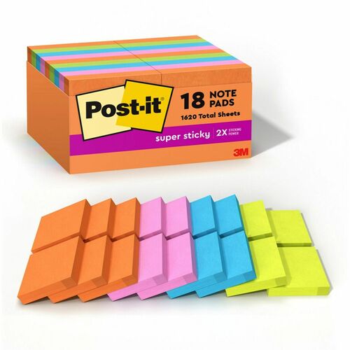 3M  Super Sticky Pads,2"x2",90Sht/Pad,18/PK,Assorted
