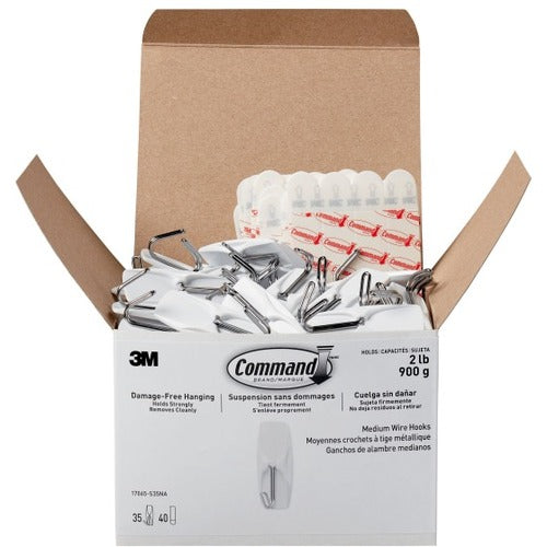 3M  General Purpose Hooks, Medium, Metal, White, 2 lb Capacity, 35 Hooks and 40 Strips/Pack