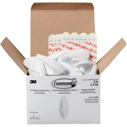 3M  Designer Hooks, Large, Plastic, White, 5 lb Capacity, 16 Hooks and 24 Strips/Pack