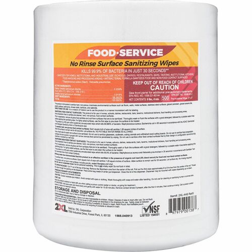 2XL CORP  Sanitizing Wipes, No-Rinse, 8"x6", 500/RL, White