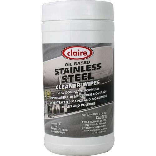 Claire Manufacturing Co  Wipes,f/Stainless Steel,CitrusScent,9-1/2"x12",Tub, 40 Wipes