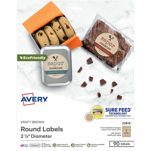 Avery  Labels, Round, 2-1/2"Dia, 90/PK, 5PK/CT, Kraft Brown