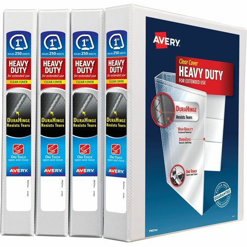 Avery  Heavy-Duty Non Stick View Binder with DuraHinge and Slant Rings, 3 Rings, 1" Capacity, 11 x 8.5, White, 4/Pack